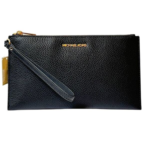 MICHAEL KORS Jet Set Large Leather Clutch Wristlet in Black New w/ Tag MSRP $258 - Picture 1 of 12